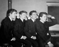 The Searchers pop group from (l-r) Chris Curtis, drummer, John McNally, rhythm guitar, Tony Jackson, Bass, and Mike Pende - Source: Getty